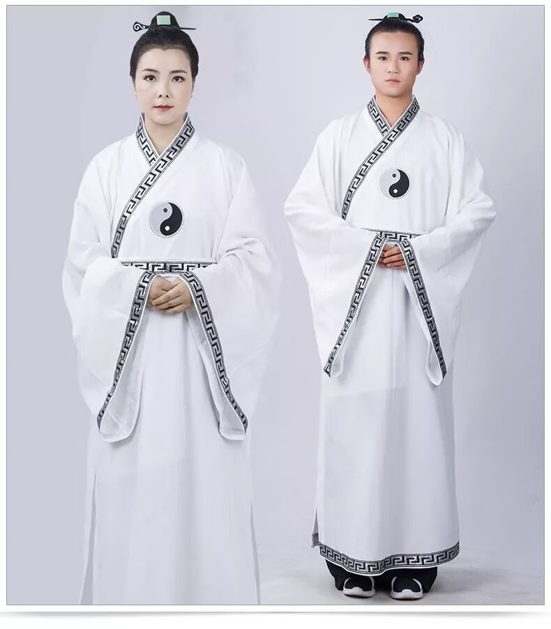 服新款宽松太极八卦图长袍道教法衣大袖男女道袍道士全套 白色单长袍