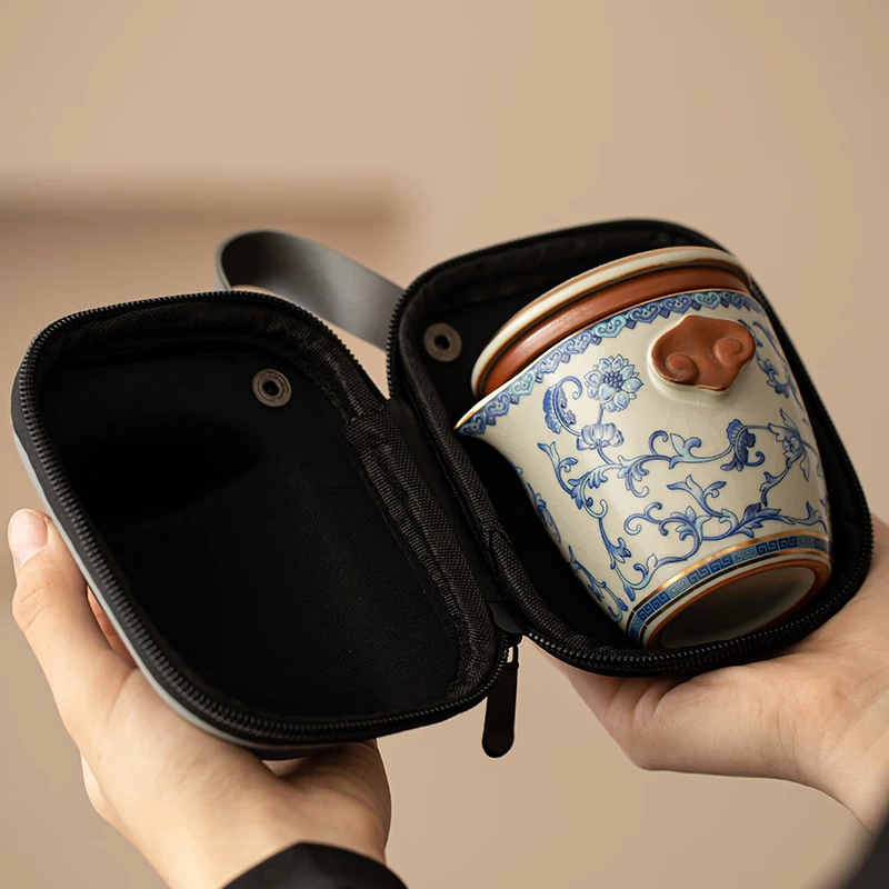 Xiyuan Ji Ru Kiln Travel Tea Set, Ceramic Portable Single Person Tea Set, One pot and Two Cups, Quick Guest Cup, Outdoor Tea Drinking Equipment, Flower and Beige Ru Kiln Tianfu Xiangyun Quick Guest Travel Set thumbnail 2