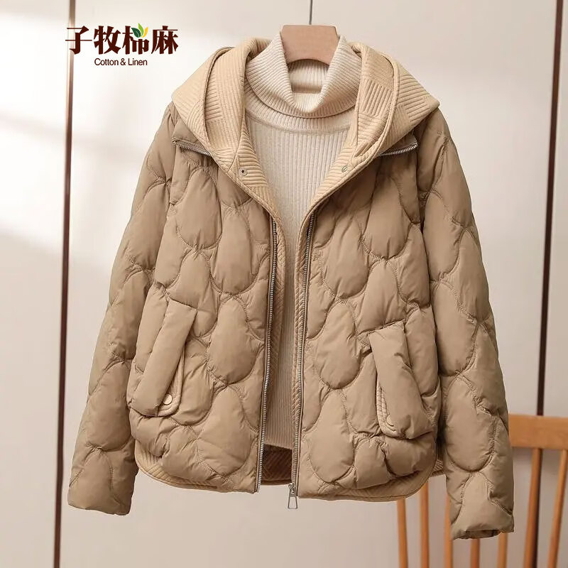 子牧棉麻2023冬装 女韩版假两件菱格棉服外套加厚保暖连帽棉衣0823
