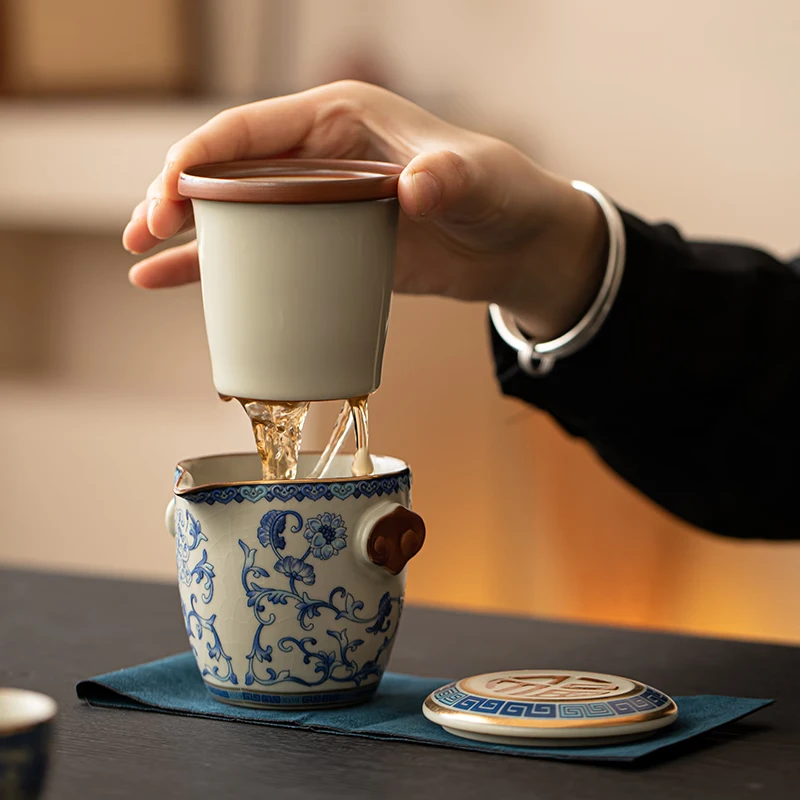 Xiyuan Ji Ru Kiln Travel Tea Set, Ceramic Portable Single Person Tea Set, One pot and Two Cups, Quick Guest Cup, Outdoor Tea Drinking Equipment, Flower and Beige Ru Kiln Tianfu Xiangyun Quick Guest Travel Set thumbnail 5