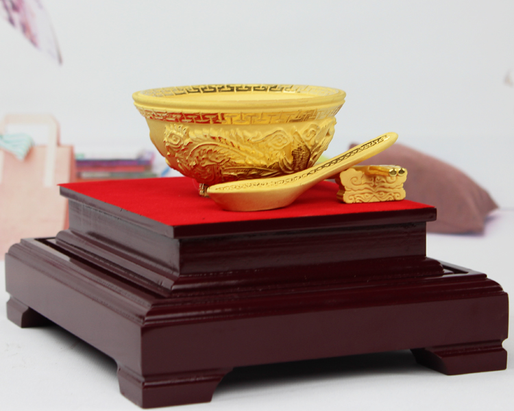 静阁轩 绒沙镀金色金碗套装金饭碗摆件送小孩满月认干女儿干儿子礼物