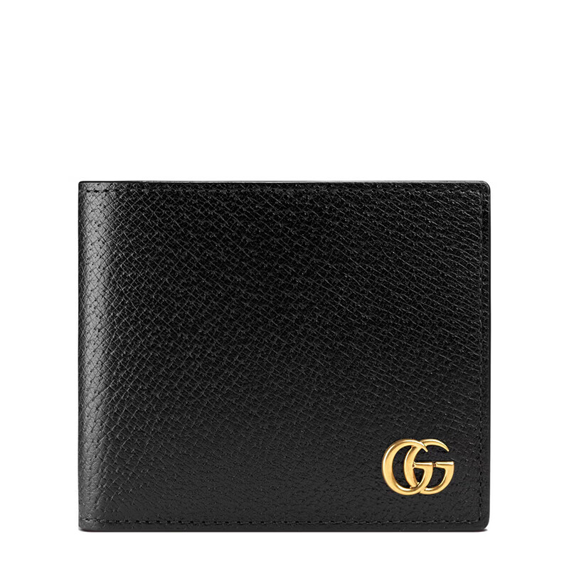 【包税】GUCCI/古驰 经典GG Marmont系列 男士黑色皮革双G金扣带有硬币袋双折钱包428725DJ20T1000