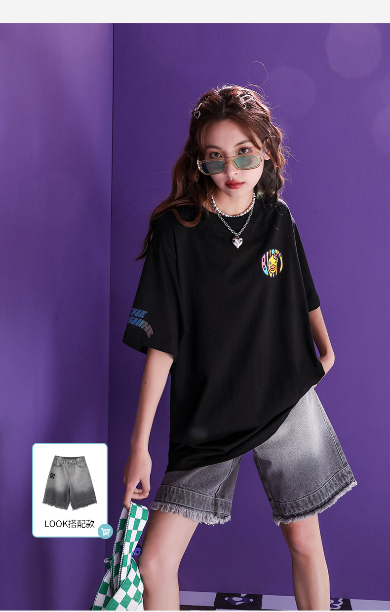 bduckbuffy短袖t恤女2022年夏季新款宽松休闲炫彩反光撞色潮酷t黑色xs