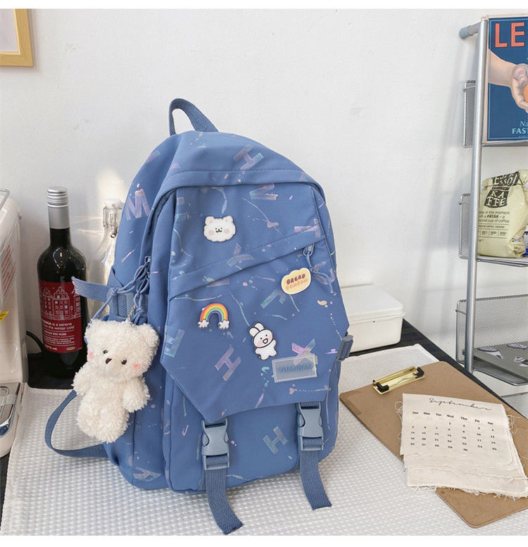 高颜值书包女韩版ins森系百搭简约大容量初中高中大学生双肩背包 蓝色