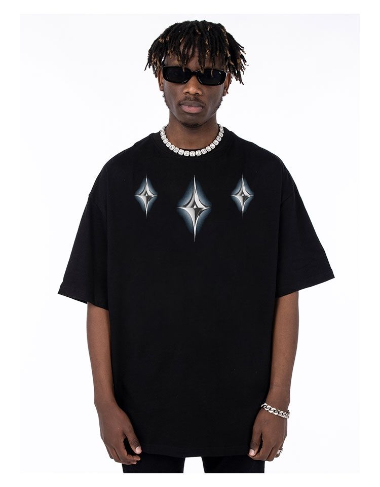 konoot短袖夏情侣国潮牌金属十字星立体印花t恤衫男美式简约宽松石头