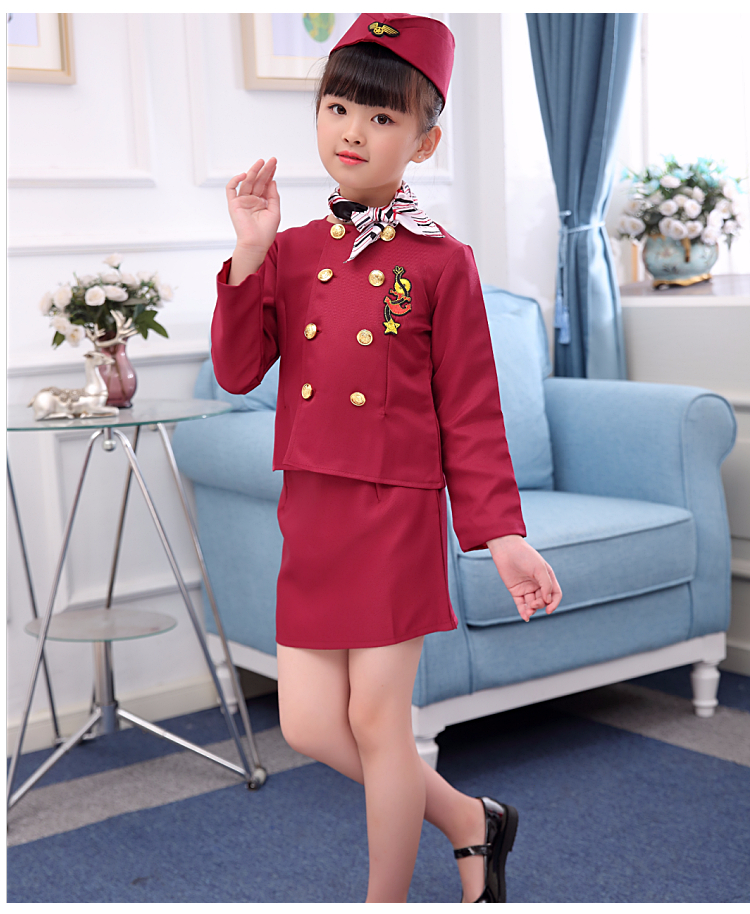 儿童空姐空军演出服女童空乘制服男童空少表演服幼儿园角色职业装红色