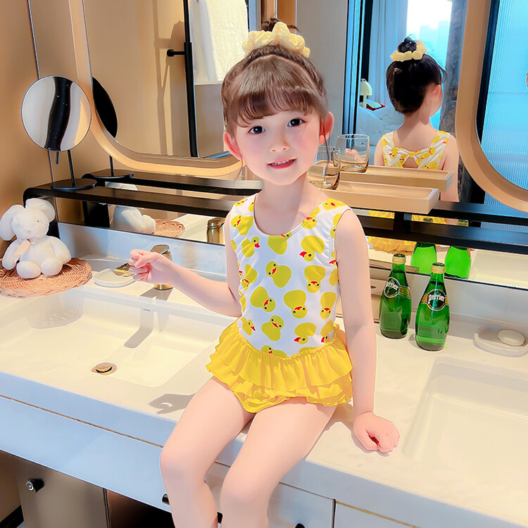 女童海滩泳衣连体甜美裙式洋气女宝宝可爱卡通小鸭小公主泳装小女孩