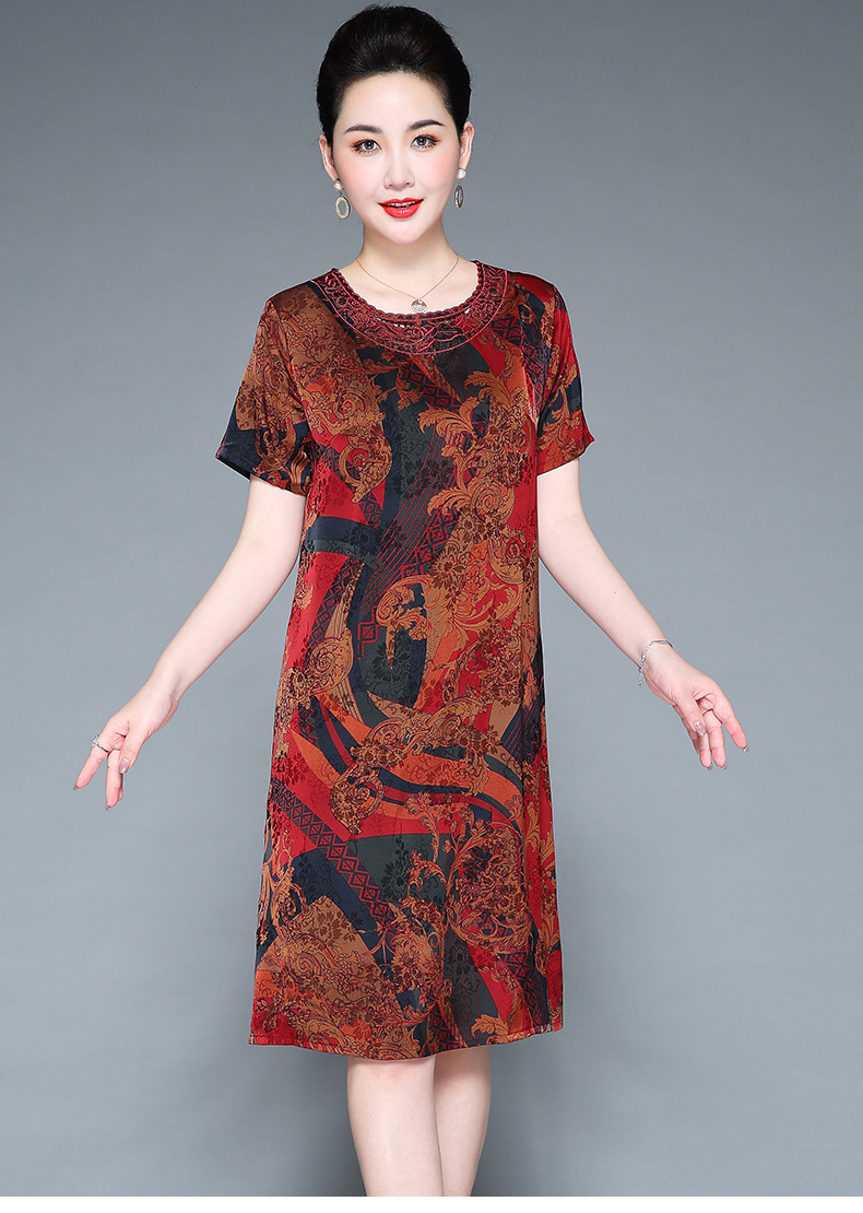 高档中老年女装重磅真丝香云纱连衣裙女复古山水画妈妈婆婆夏装桑蚕丝