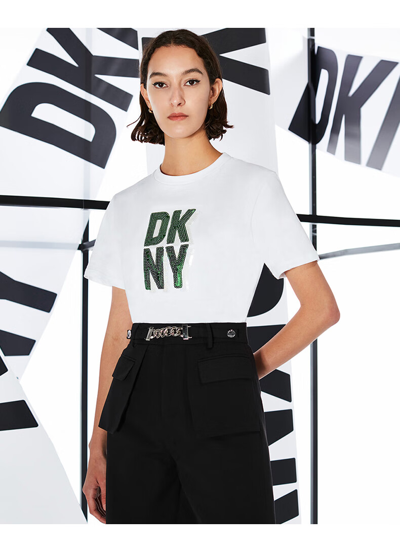 dkny唐可娜儿2022夏季新款小白t全棉珠片绣花休闲宽松