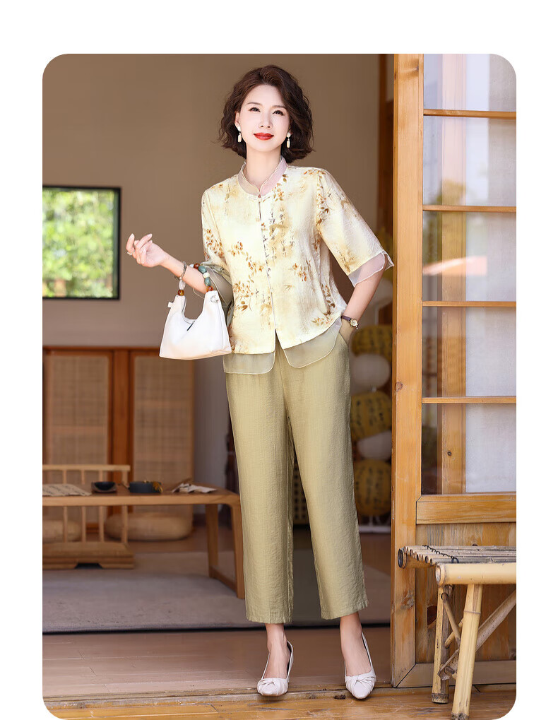 Hengyuanxiang Middle-Aged And Elderly Women's Clothing, 2026 New Style for Ages 50-60 And 70, Fashionable Mom Outfit, Summer Wear, New Chinese-Style National Trend Short-Sleeve Set 12