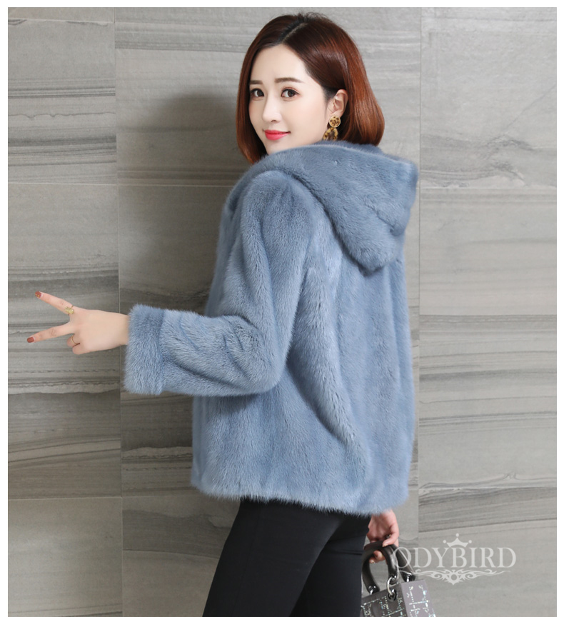 大衣女整貂短款2022新款连帽长袖修身显瘦水貂皮草外套女装蓝色165l