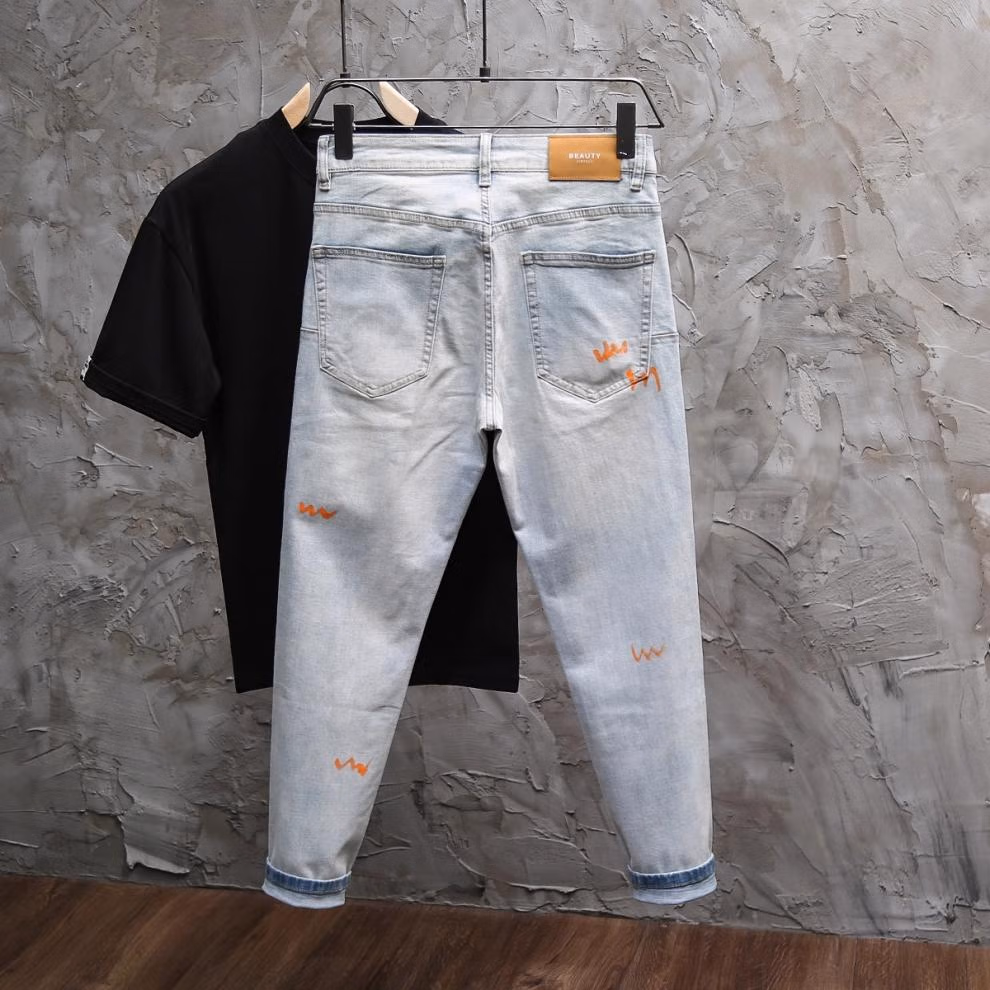 Summer Washed Ripped Jeans Men's Korean Version Of Trend Graffiti Versatile Casual Slim-fit Straight-leg Nine-point Pants, Blue 28_mkmklike.com