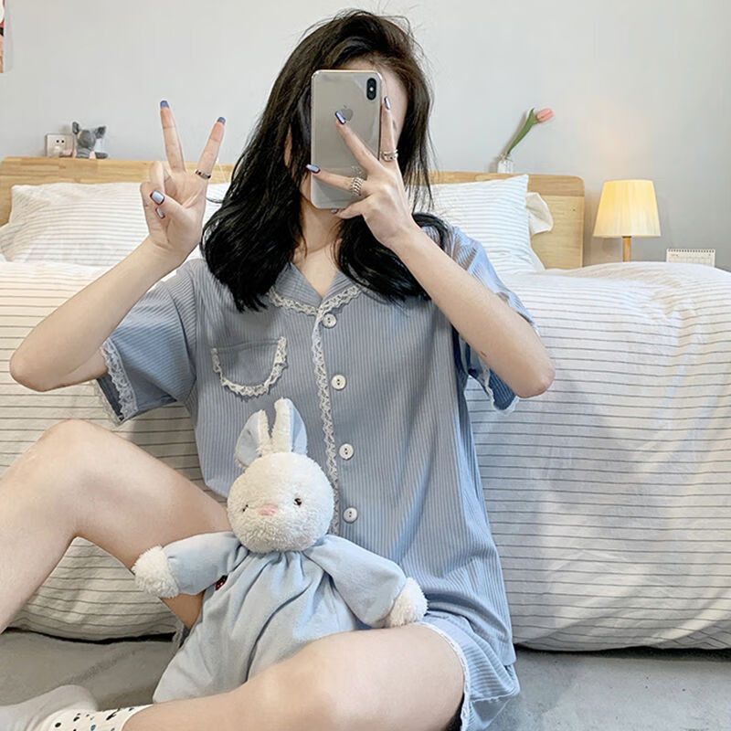 女生睡衣夏季纯棉女式短袖居家服夏款凉快少女家居服休闲可外穿两件套