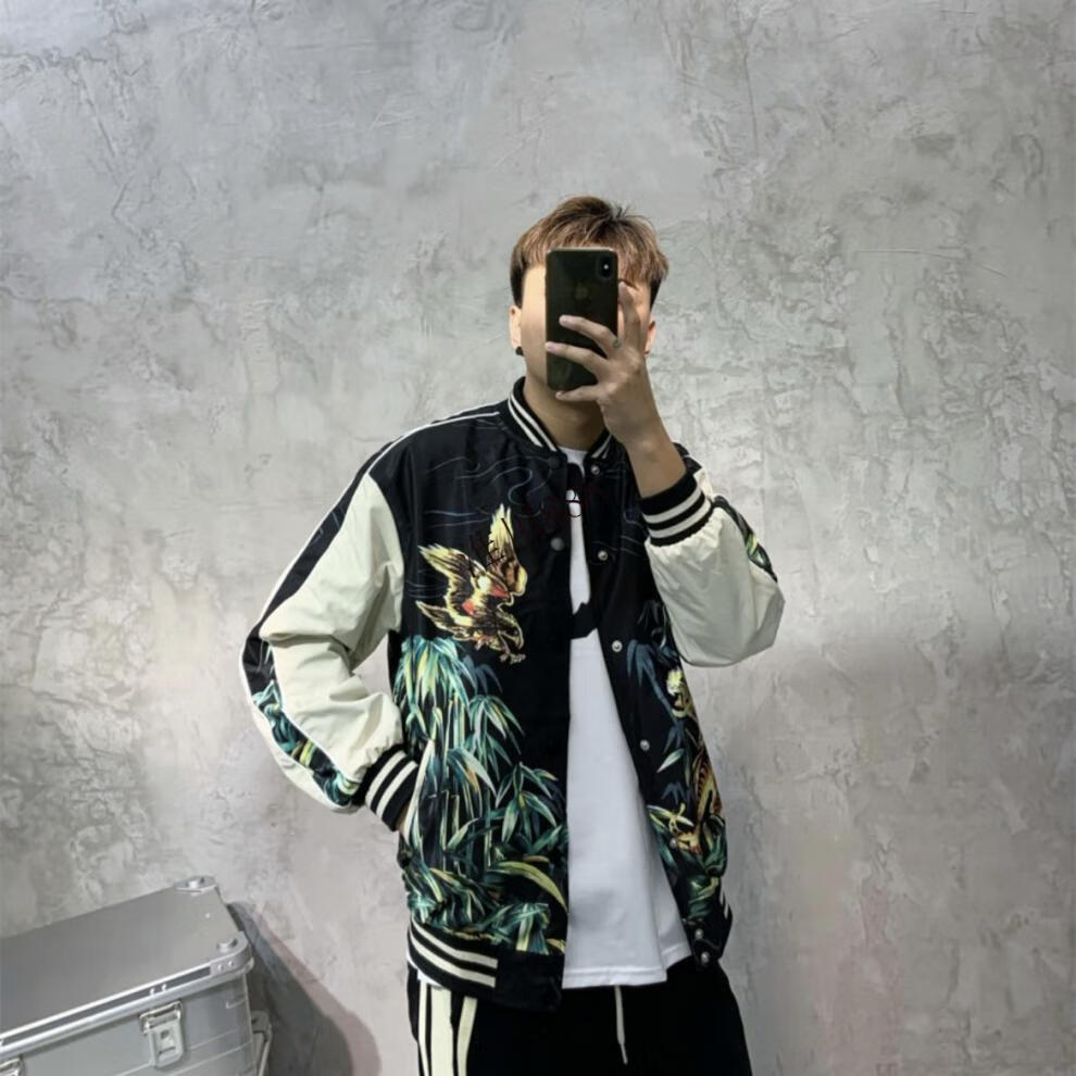 nasa giss外套男秋季潮牌百搭虎鹰印花丝绸夹克高街痞帅拼接国潮棒球