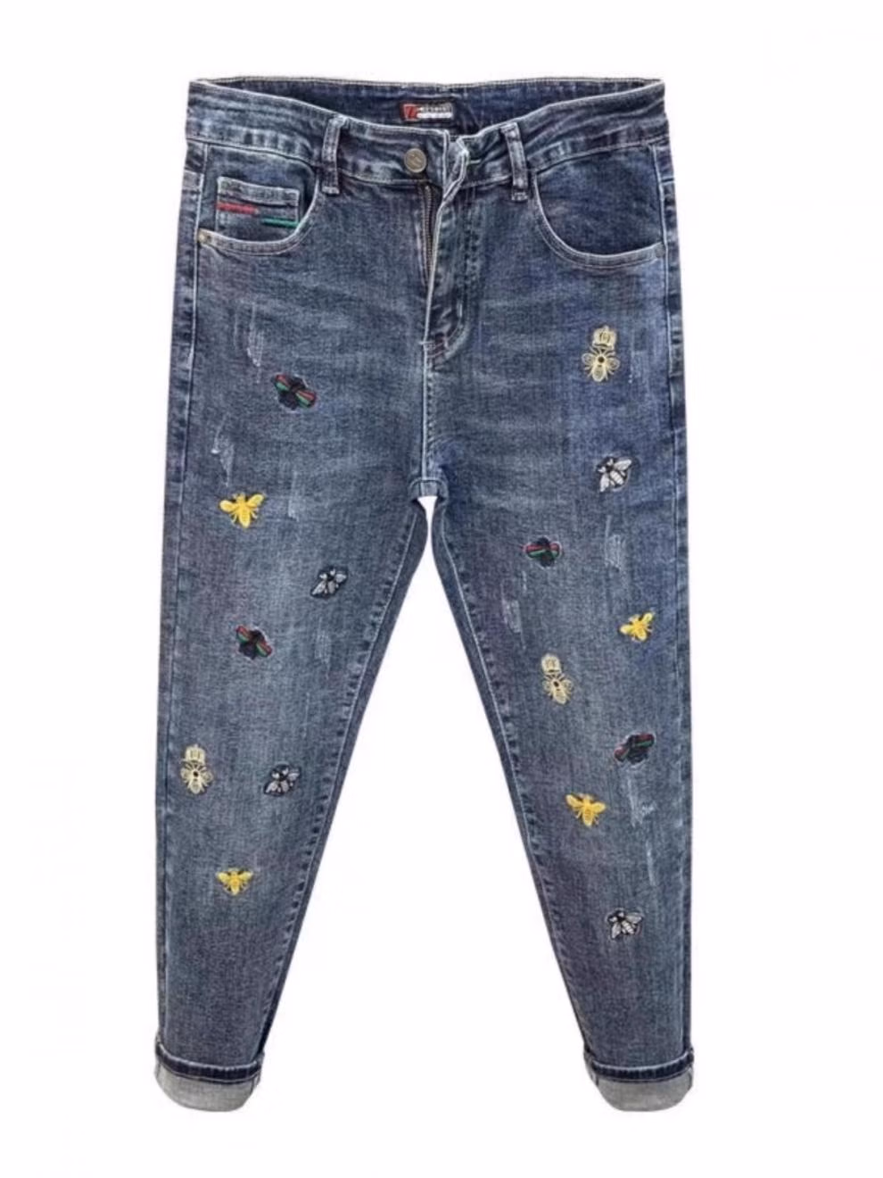American Retro Little Bee Embroidered Jeans Men's Korean Version Trend Stretch Straight Slim Nine-point Pants, Blue 28_mkmklike.com
