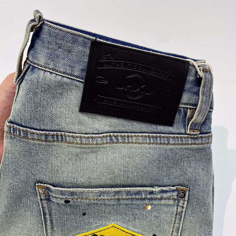 Ink-splashing Denim Shorts Men's Summer American Retro Ripped Beggar Five-point Pants Loose Straight Slim Trendy Pants, Blue 28_mkmklike.com