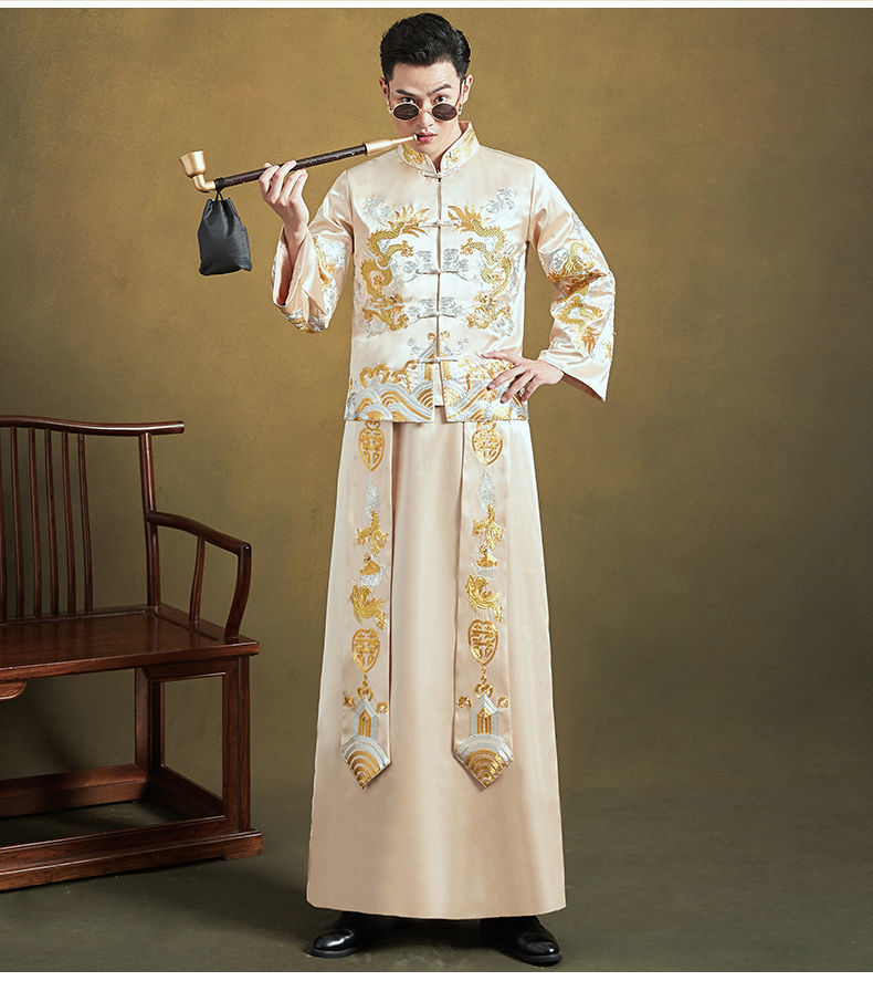 舒嘎秀禾服古装中式汉服结婚礼服新郎服男红色香槟色浅金色龙凤褂秋冬