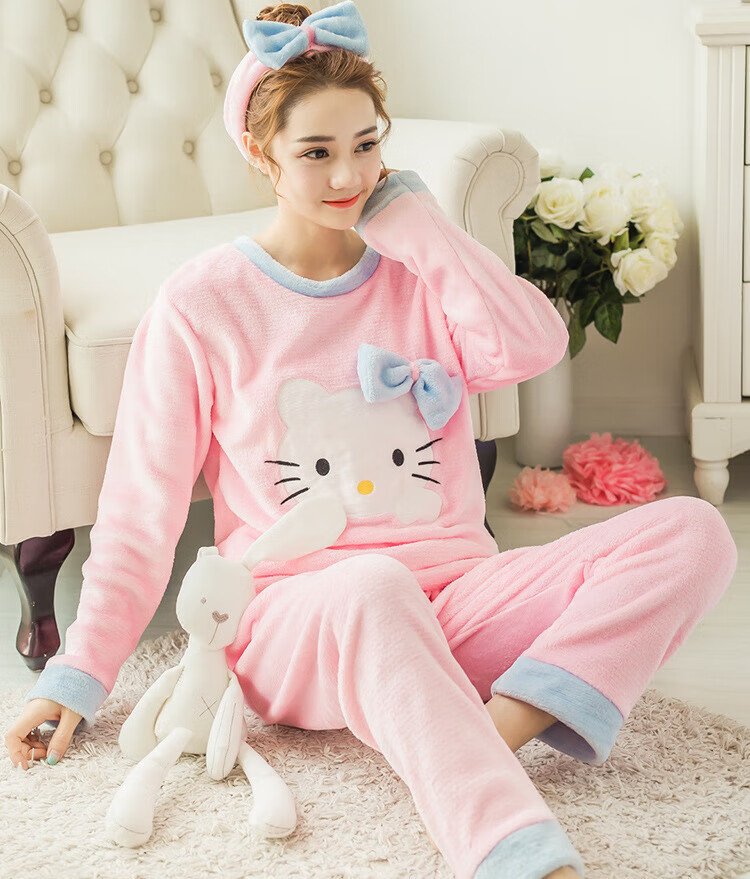 琶安迎女生珊瑚绒睡衣女长毛绒女孩少女秋款冬天法兰绒可爱卡通圆领套