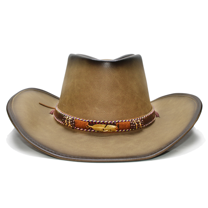 美国西部牛仔帽男女树叶皮革大檐美国西部骑马沙滩帽牛仔帽遮太阳帽子