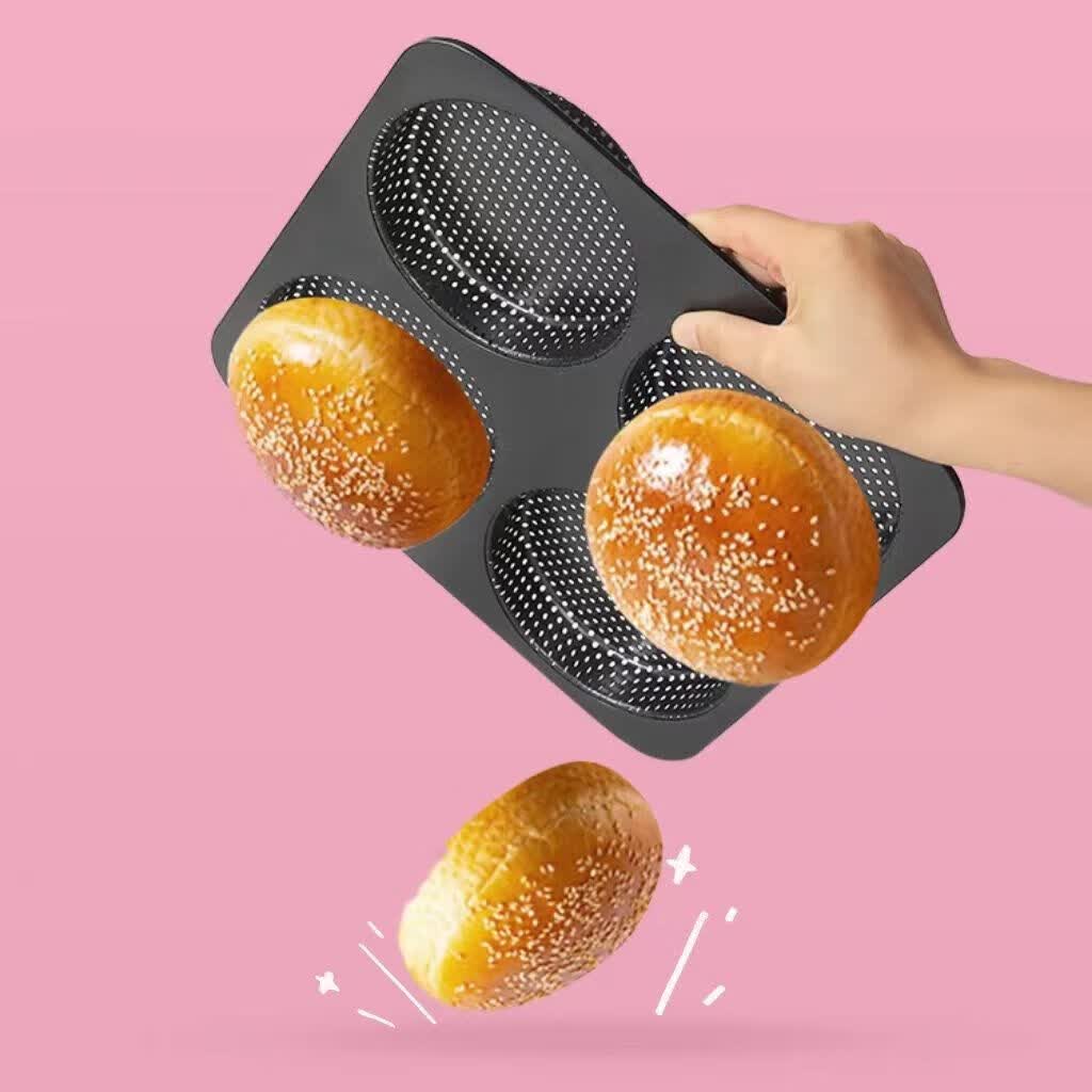 Perforated hamburger mold, mini hot dog bread, hamburger base, cake mold, baking cheese and cheese, round perforated baking, 4-piece large round perforated hamburger mold + comes with an integrated oil brush thumbnail 2
