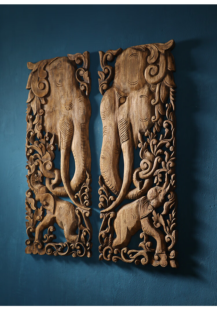 泰国木雕客厅玄关泰式装饰挂件大象实木雕刻工艺品雕花板墙饰2022新款