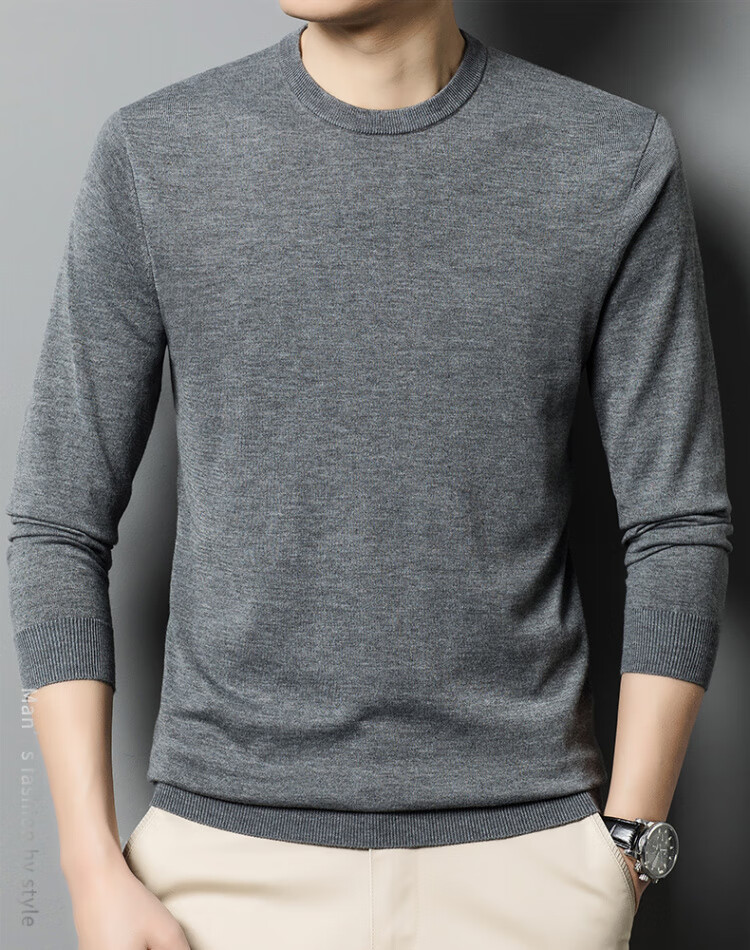 Hengyuanxiang [Wool Included] Spring and Autumn Thin Men's Crew Neck Sweater Middle-aged Knit Base Shirt Solid Color Medium Gray M 14