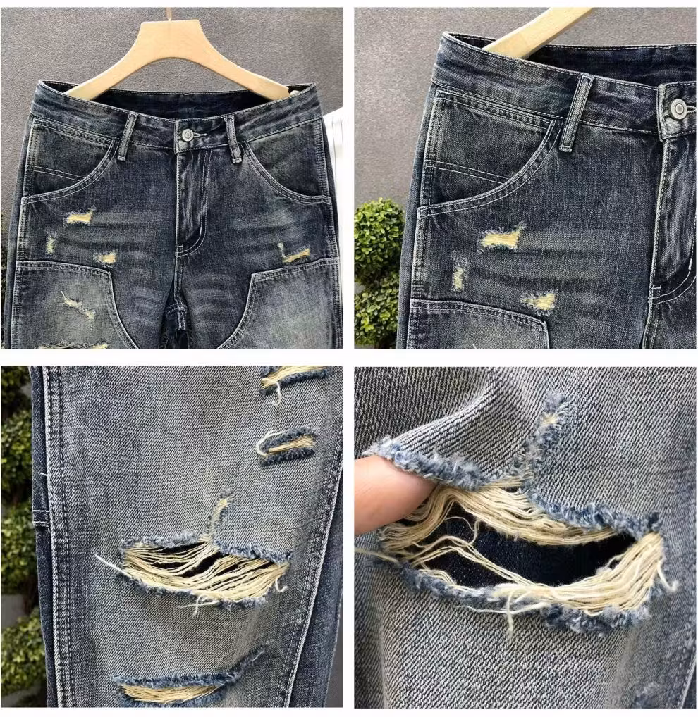 Jean droit homme style rétro avec patchs et effet déchiré slim_voghion.com