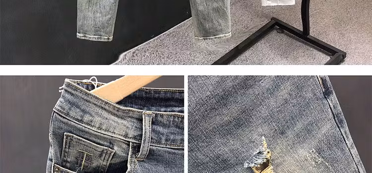 Summer Ripped Jeans Men's Korean Version Trendy Slim-fitting Pants Elastic Versatile Retro Old Casual Nine-point Pants, Main Picture Color 28_viptrois.com