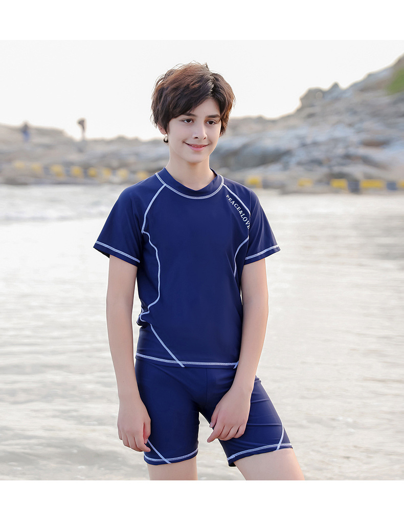 儿童泳衣男童分体短袖大码胖童青少年速干泳裤中大童沙滩游泳套装