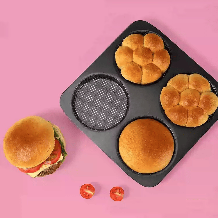 Perforated hamburger mold, mini hot dog bread, hamburger base, cake mold, baking cheese and cheese, round perforated baking, 4-piece large round perforated hamburger mold + comes with an integrated oil brush thumbnail 4