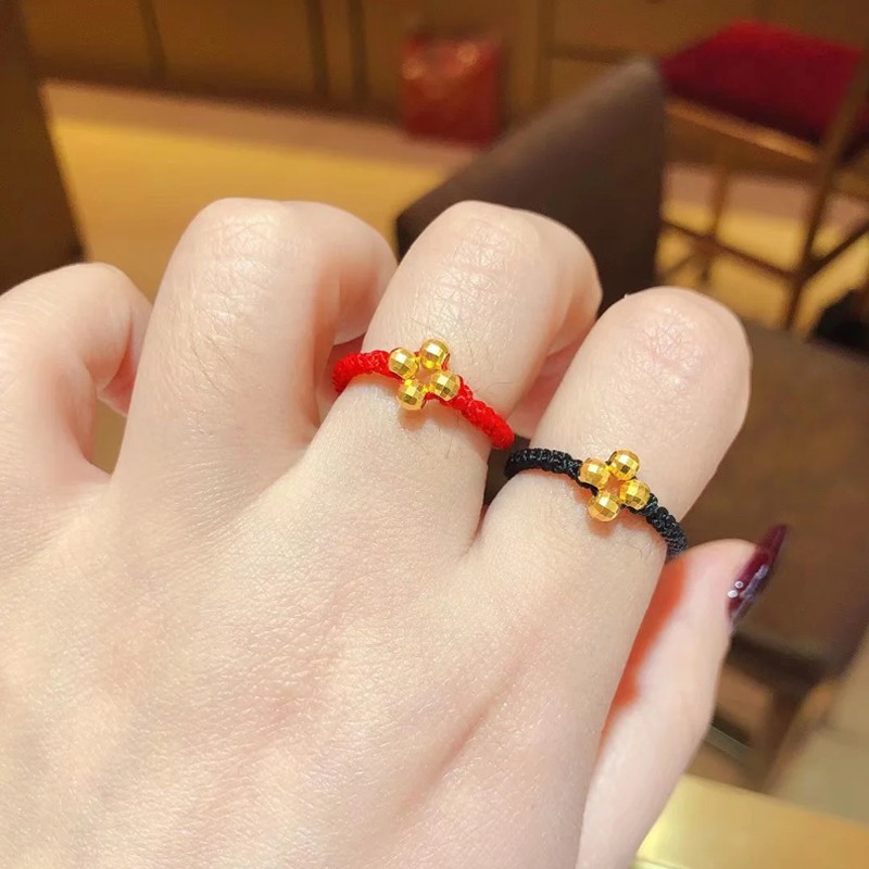 黄金戒指女999足金转运珠幸运草手工编织生日礼物送女友 黄金编织戒指
