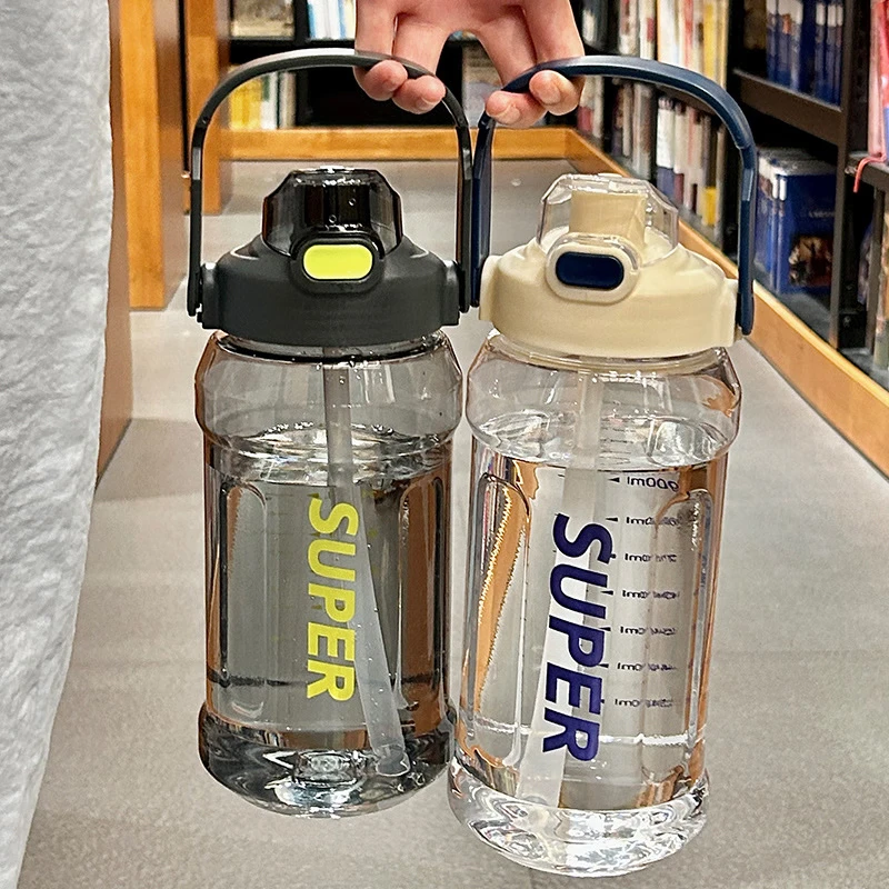 Large-capacity fitness water bottle, 2L with graduated straw, portable and shock-resistant plastic cup, military green for both male and female students, 2000ml thumbnail 7