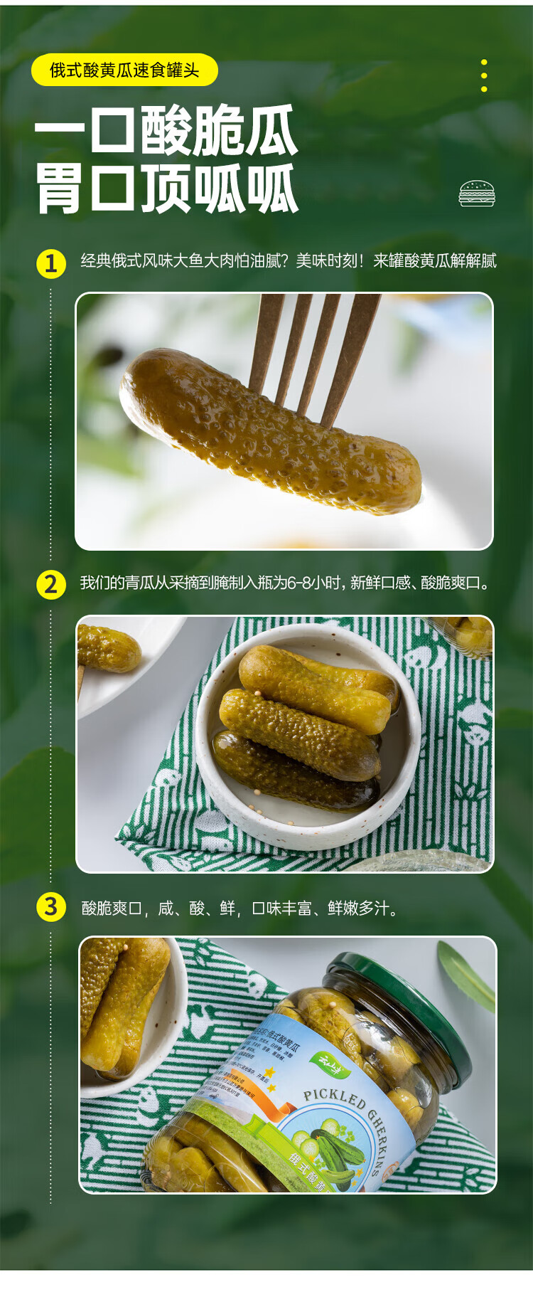 云山半(yunshanban) 越南原产俄式0脂酸黄瓜500g 西餐烘培汉堡三明治