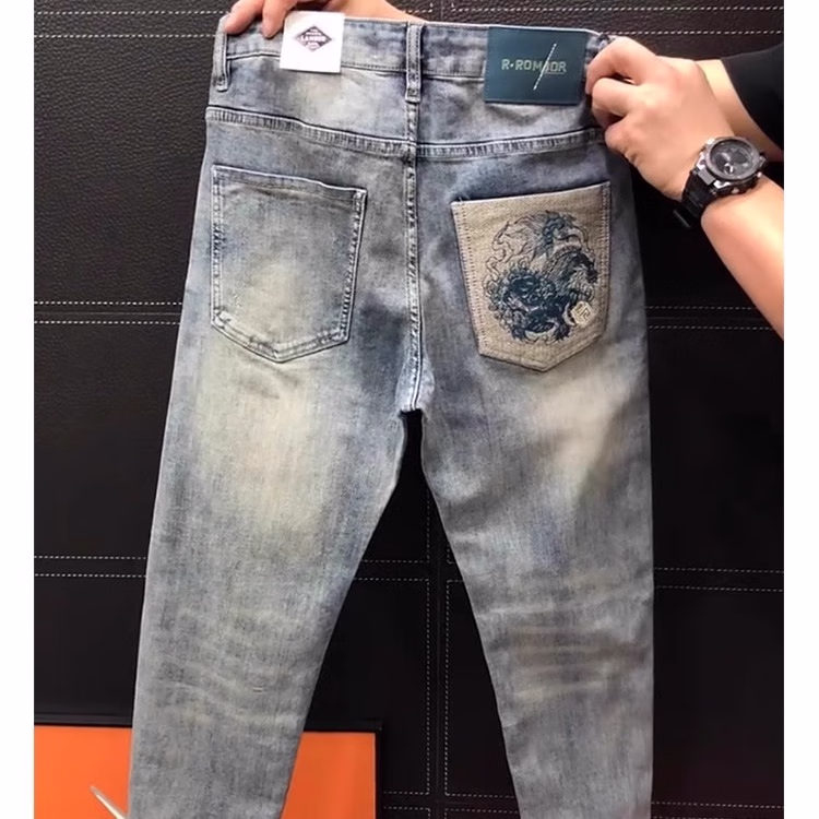 High-end Light Luxury Embroidered Jeans Men's Summer New Fashion Versatile Slim-fit Small Straight Elastic Nine-point Pants, Blue Recommended 140-75kg_viptrois.com