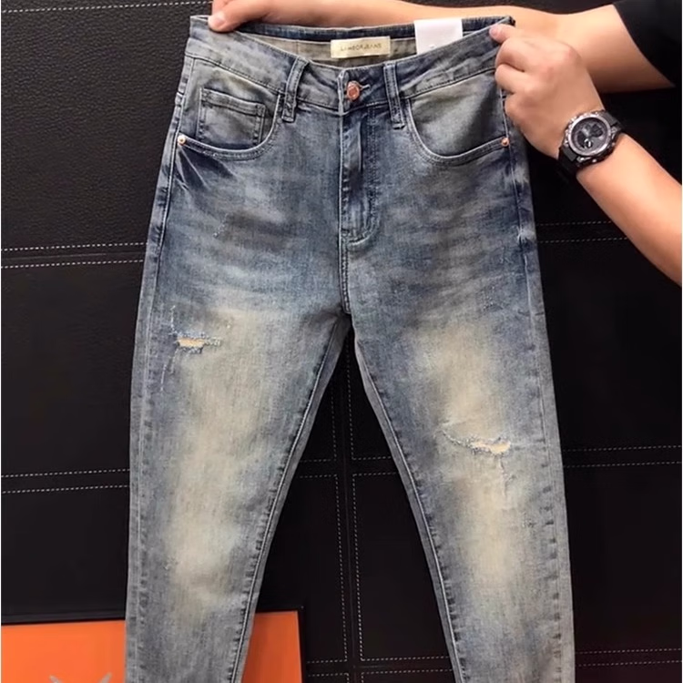 High-end Light Luxury Embroidered Jeans Men's Summer New Fashion Versatile Slim-fit Small Straight Elastic Nine-point Pants, Blue Recommended 140-75kg_viptrois.com