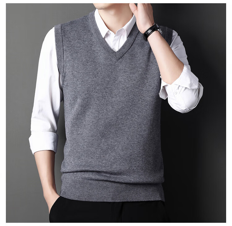 Hengyuanxiang Men's Knitted Vest Sleeveless Sweater Black XL Autumn Winter Thick Warm V-Neck Dad Style 18