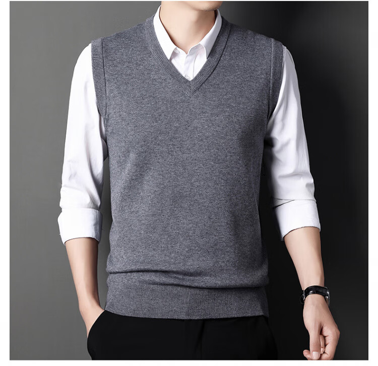 Hengyuanxiang Men's Knitted Vest Sleeveless Sweater Black XL Autumn Winter Thick Warm V-Neck Dad Style 17