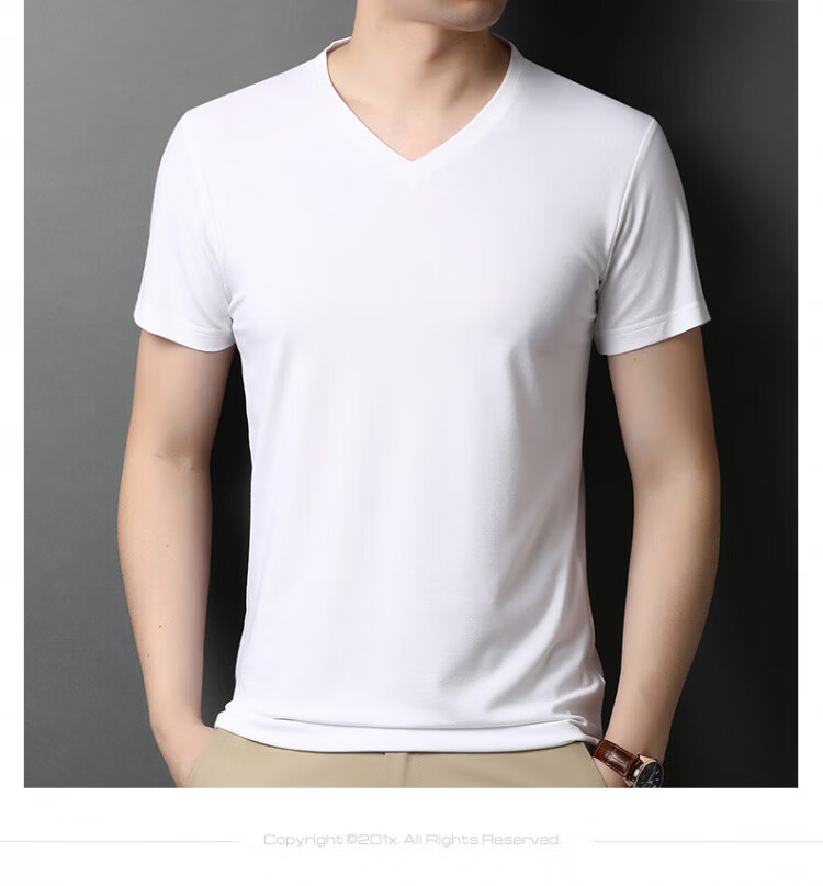 Romons Mulberry Silk Short Sleeve T-Shirt Men Summer V-Neck Solid Color Loose Fit Pure Silk Top Black M 9