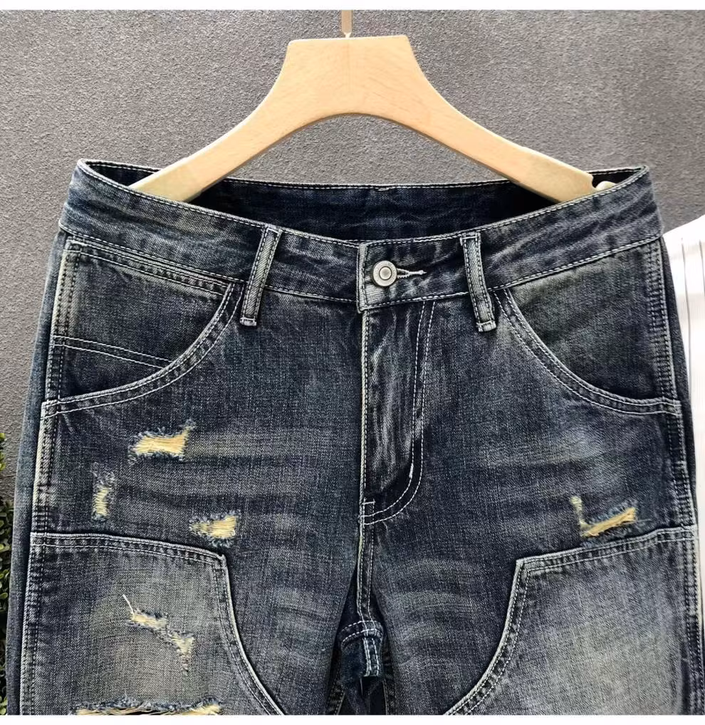 Jean droit homme style rétro avec patchs et effet déchiré slim_voghion.com