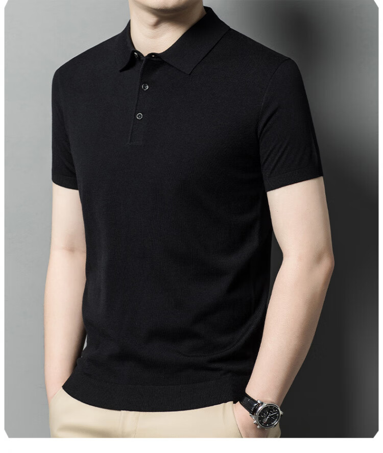 Hengyuanxiang [Contains Wool] Men's Lapel Short-Sleeve Sweater, Middle-Aged Knitted Half-Sleeve Undershirt T-Shirt, Wine Red, L 11