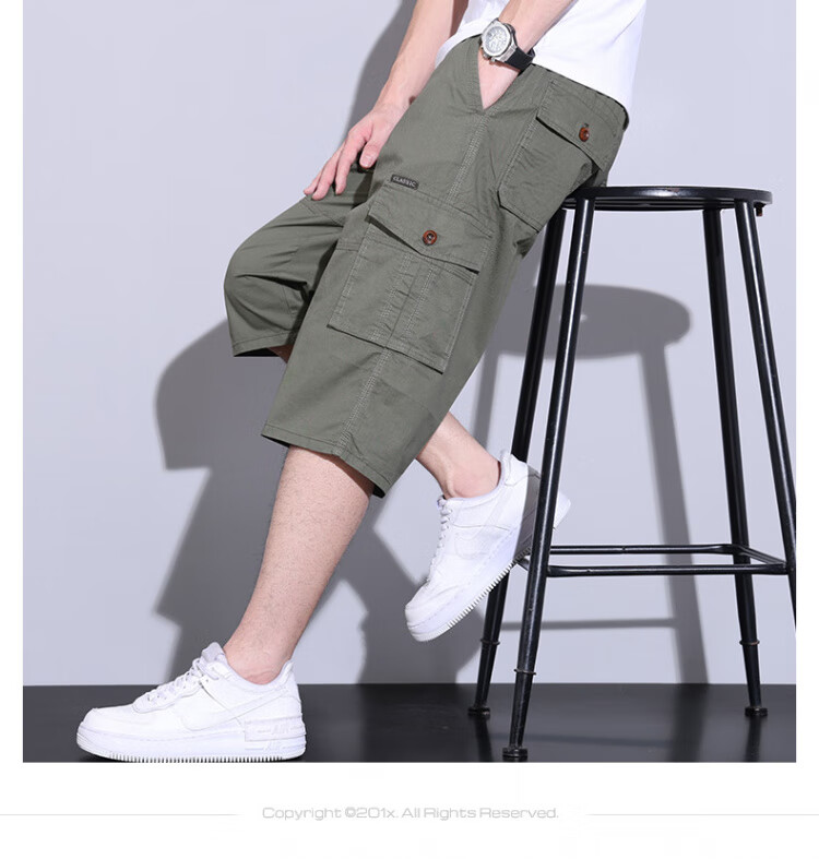 ROMON Shorts, Summer Men's New Casual Workwear Thin Seven-Point Pants, Multi-Pocket Loose Breathable, Black, 5XL 5