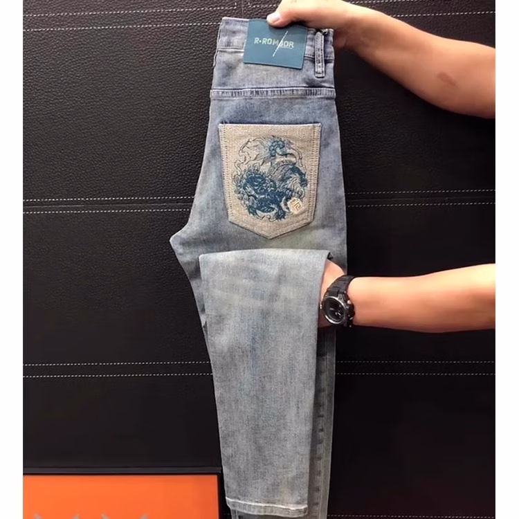 High-end Light Luxury Embroidered Jeans Men's Summer New Fashion Versatile Slim-fit Small Straight Elastic Nine-point Pants, Blue Recommended 140-75kg_viptrois.com