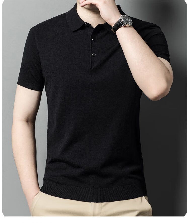 Hengyuanxiang [Contains Wool] Men's Lapel Short-Sleeve Sweater, Middle-Aged Knitted Half-Sleeve Undershirt T-Shirt, Wine Red, L 10