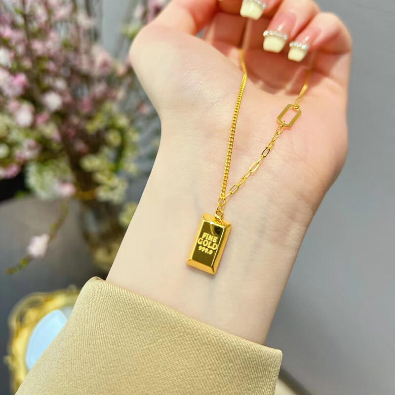 【七夕礼物】优选暴富小金条黄金项链999足金方形立体吊坠5g金字母ab