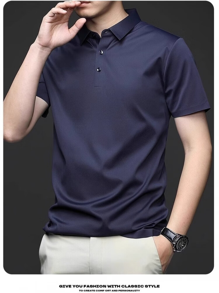 Romon Ice Silk Seamless Short Sleeve T-Shirt Men Summer Thin Business Polo Shirt Black XL 18