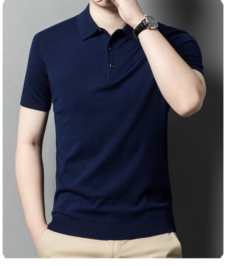Hengyuanxiang [Contains Wool] Men's Lapel Short-Sleeve Sweater, Middle-Aged Knitted Half-Sleeve Undershirt T-Shirt, Wine Red, L 16