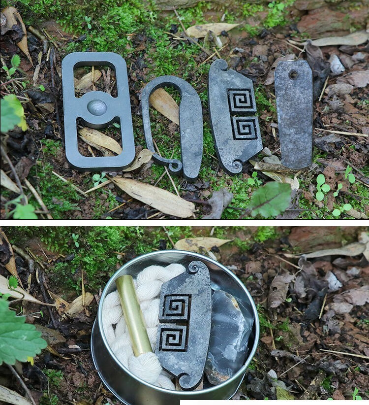 户外野营原始取火燧石火镰套装打火石火绳工具 多功能火镰套装【图片
