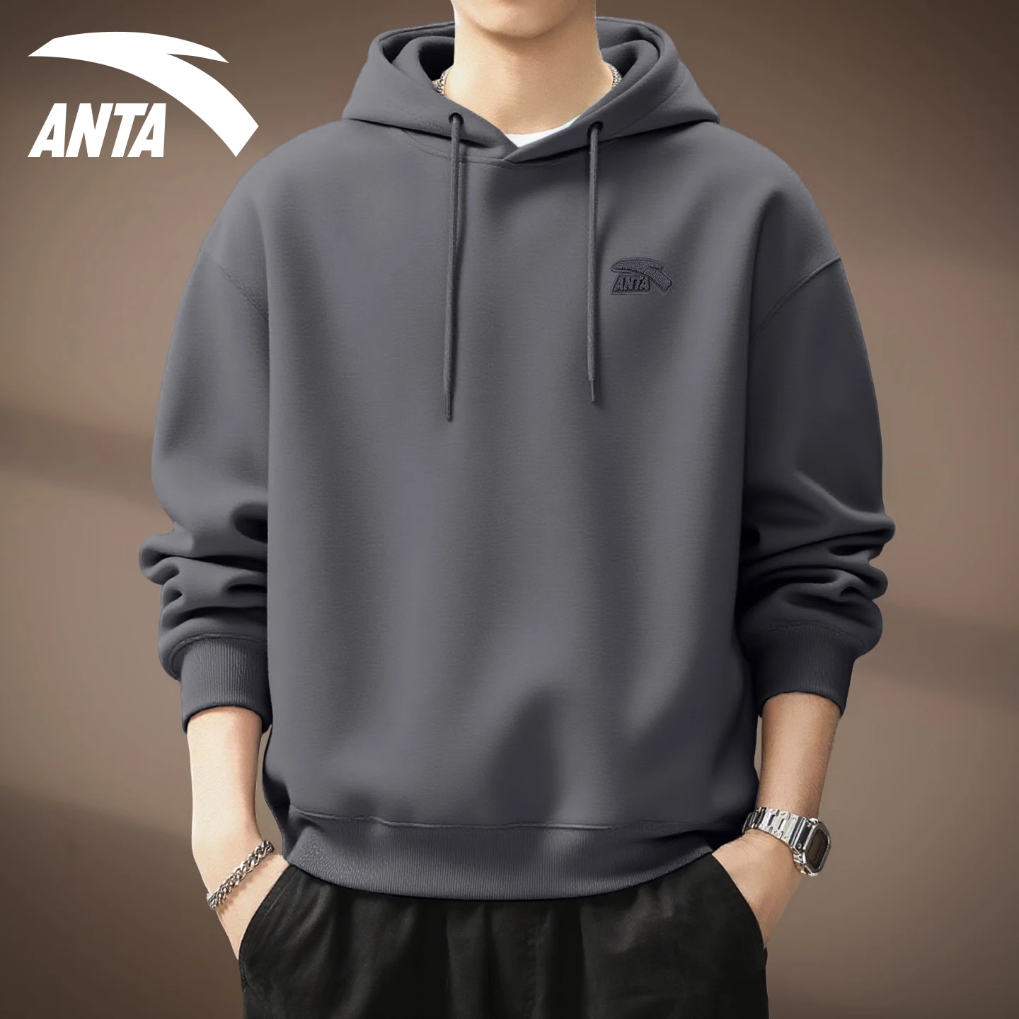 Anta hooded sweatshirt Men's Spring/Autumn 2026 New Loose, Casual and Versatile Sport top with fleece warmth long-sleeved jacket [Regular Style] 8712S-9 Light Blue 4XL (195) thumbnail 4