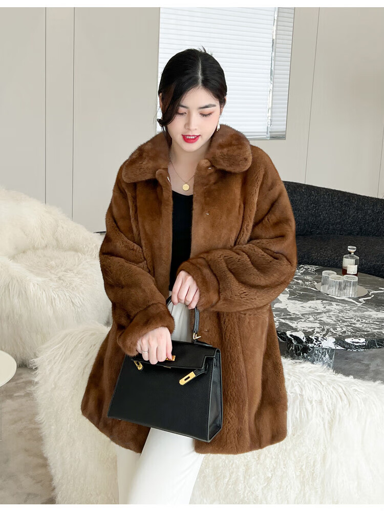 欧迪鸟品牌女装新款进口紫标天鹅绒貂皮大衣女整貂中长款皮草外套 海