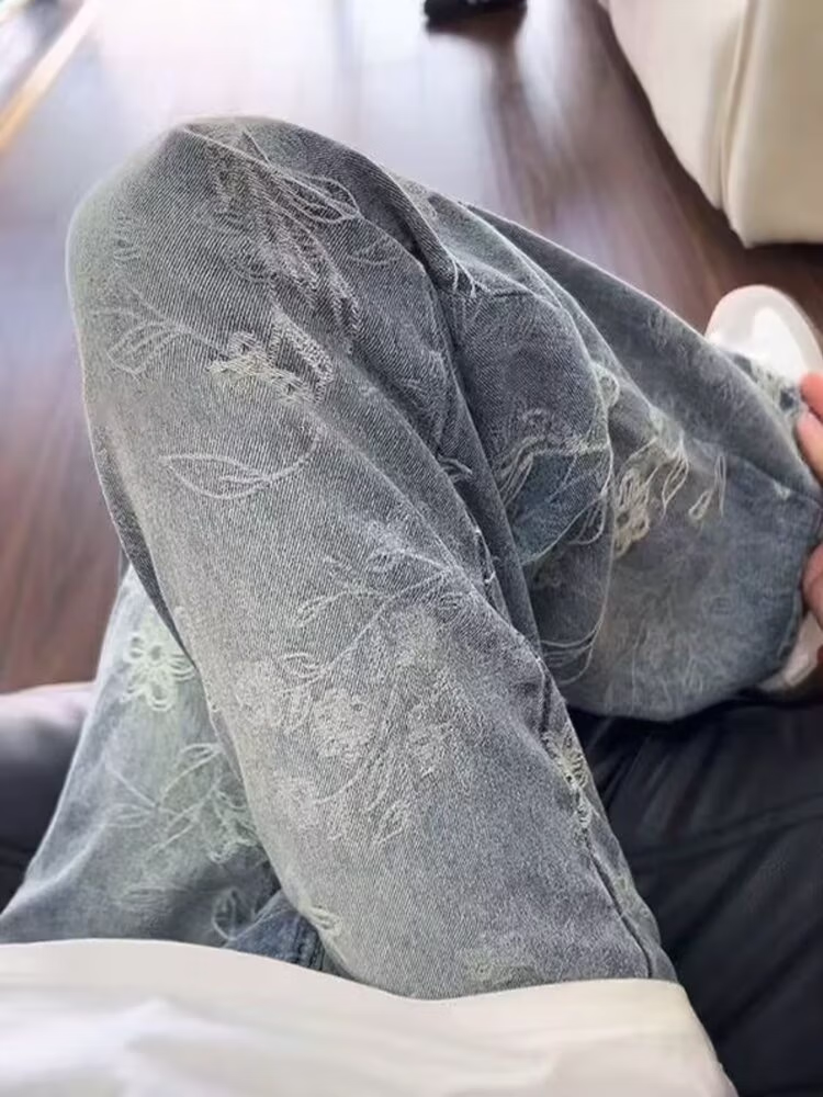 Bramble Jacquard Jeans Men's Autumn American Vintage Vibe Pants Washed Straight Casual Micro Scimitar Pants, Blue S_mkmklike.com